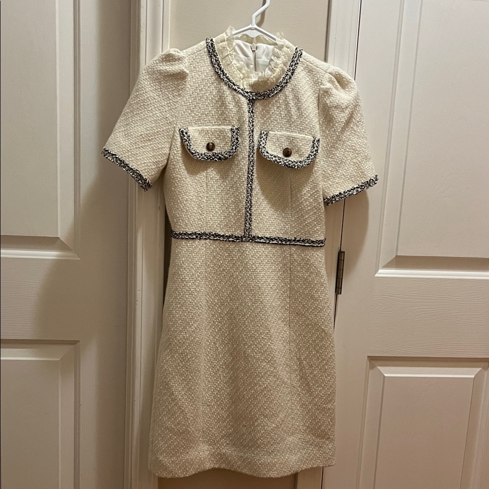 Sandro Paris Cream Tweed Short Sleeve Dress with Contrast Trim